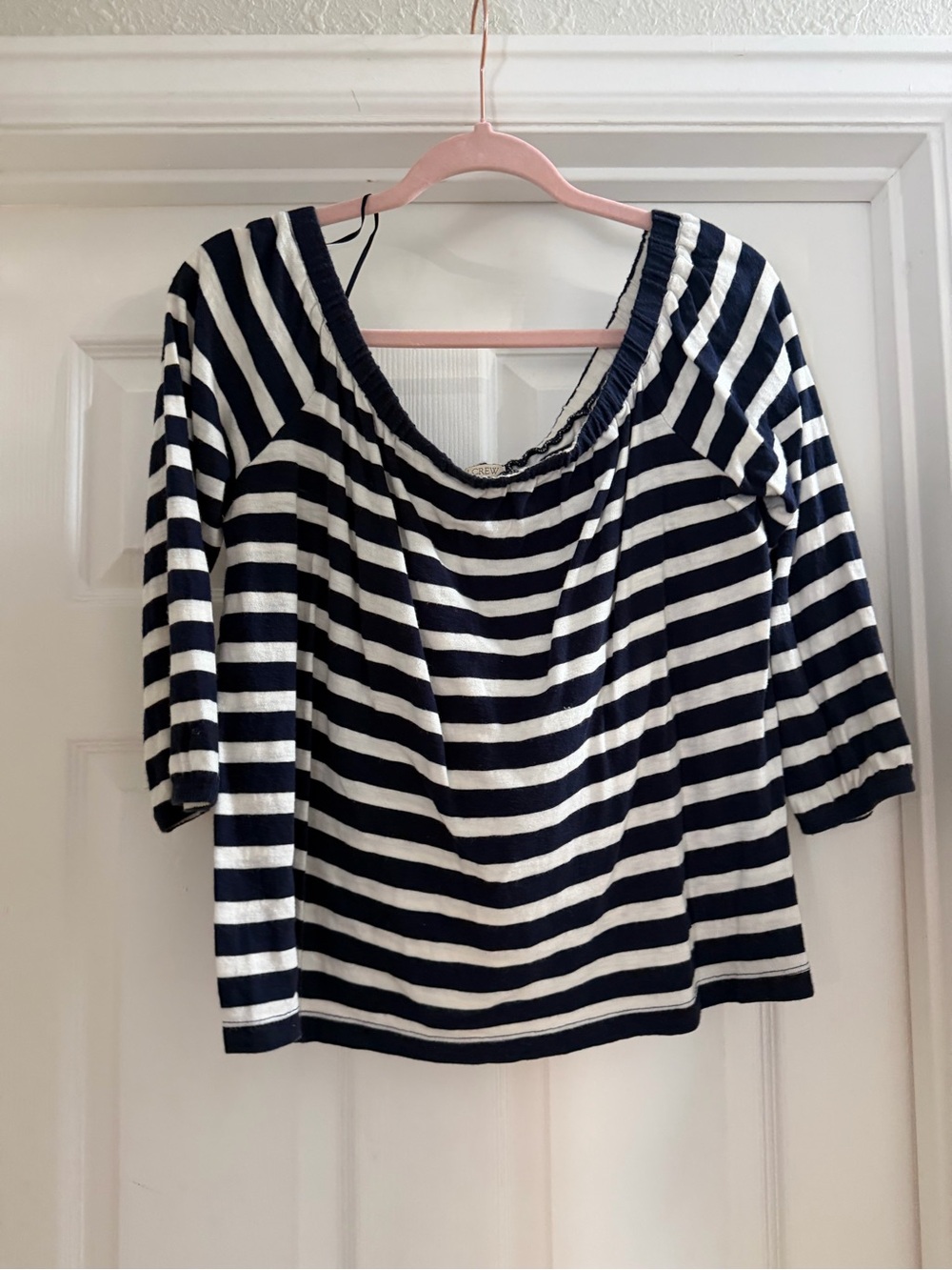 J. Crew off shoulder Navy and White Striped Scoop Neck Long Sleeve Top